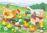 Ilustrácia jarného dňa s kačiatkami a kuriatkami