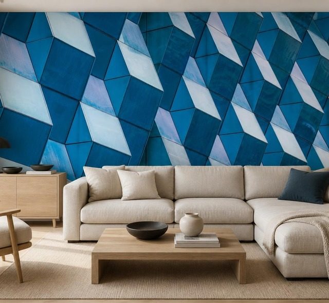 kontrastna geometria priestorovych panelov v intenzivnych odtienoch modrej fototapety architektura fototapety demural